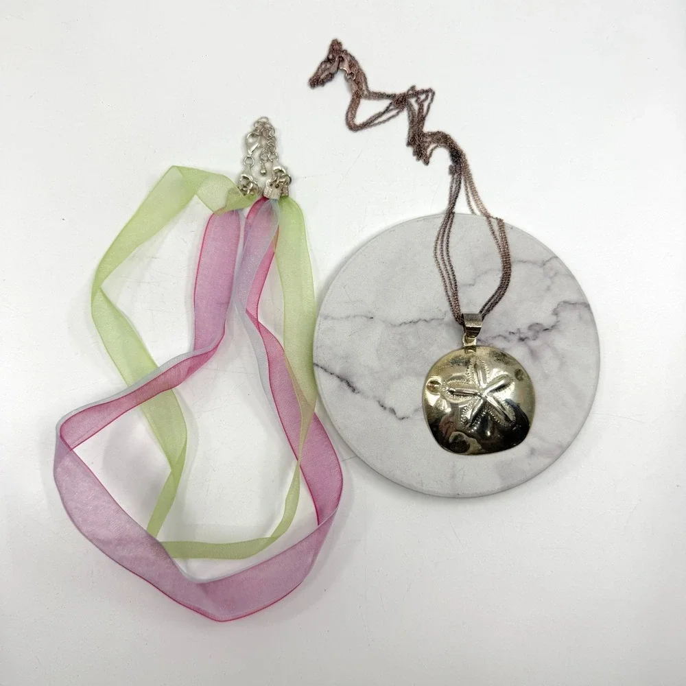 Necklace Sand Dollar Pendant Vintage Gold Tone Chain Organza Ribbon Cord Set